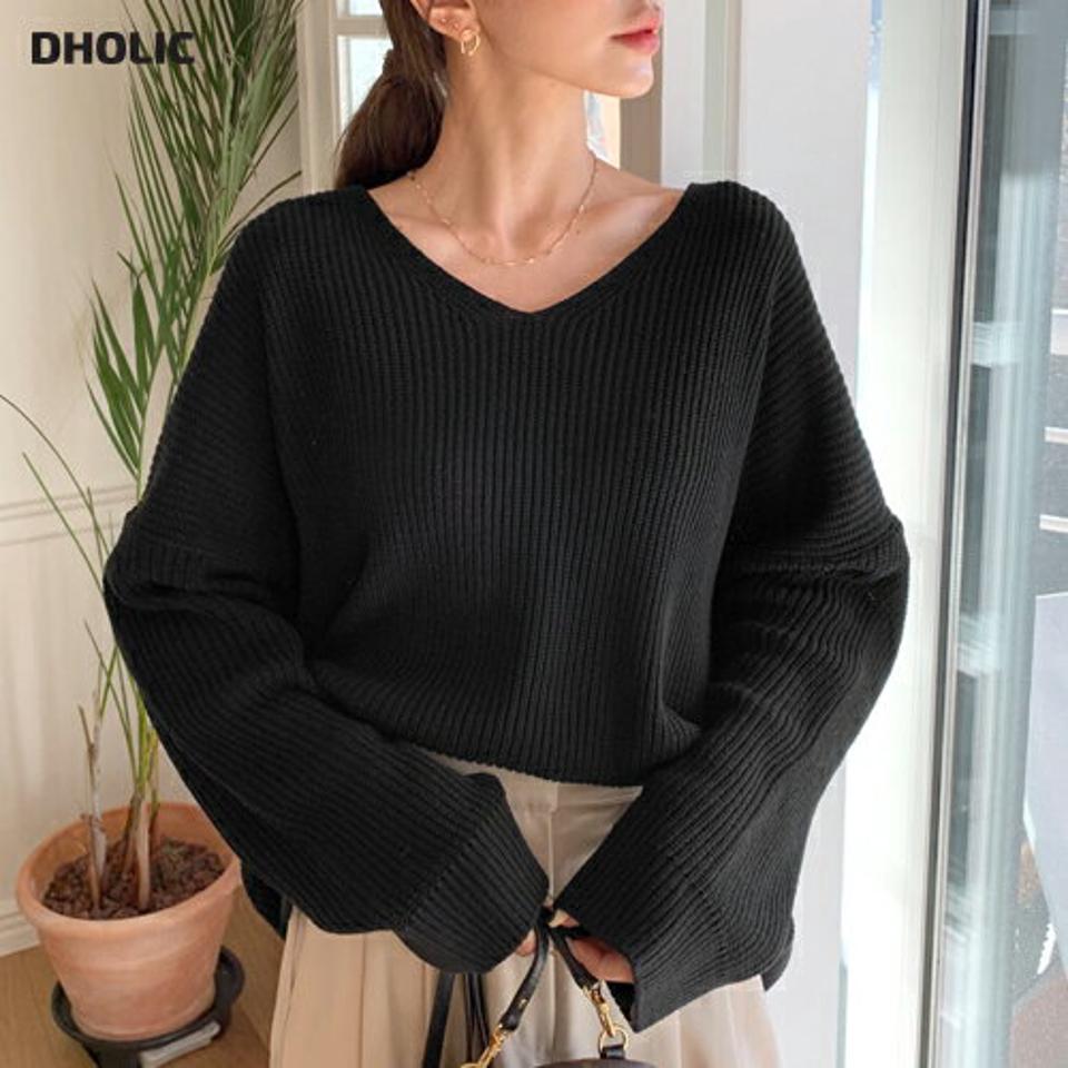 Vネックアンバランスヘムニット・全6色・t00088 レディース 【tops】韓国ファッション トップス ニット 大人 長袖 Vネック アンバランス丈 ドロップショルダー ルーズ スリット 無地 シンプル 体型カバー フェミニン カジュアル 秋 冬