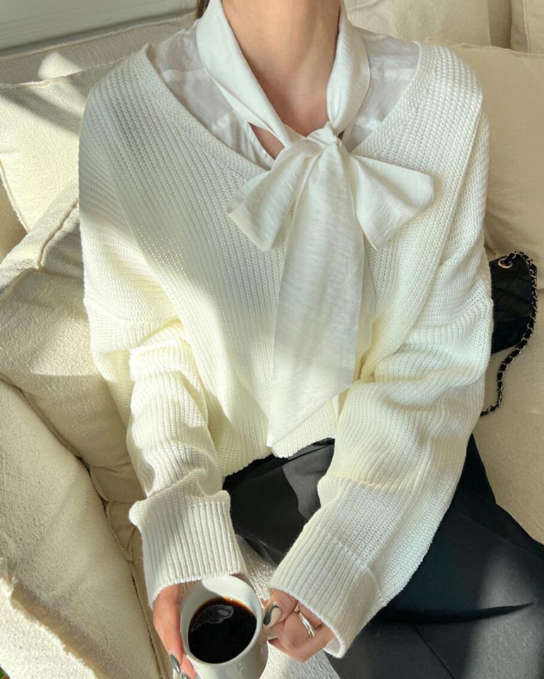 Vネックアンバランスヘムニット・全6色・t00088 レディース 【tops】韓国ファッション トップス ニット 大人 長袖 Vネック アンバランス丈 ドロップショルダー ルーズ スリット 無地 シンプル 体型カバー フェミニン カジュアル 秋 冬