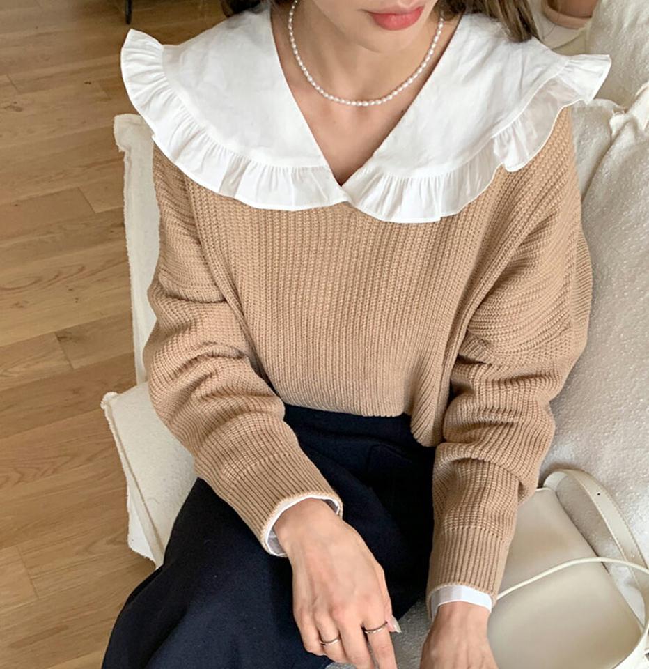Vネックアンバランスヘムニット・全6色・t00088 レディース 【tops】韓国ファッション トップス ニット 大人 長袖 Vネック アンバランス丈 ドロップショルダー ルーズ スリット 無地 シンプル 体型カバー フェミニン カジュアル 秋 冬