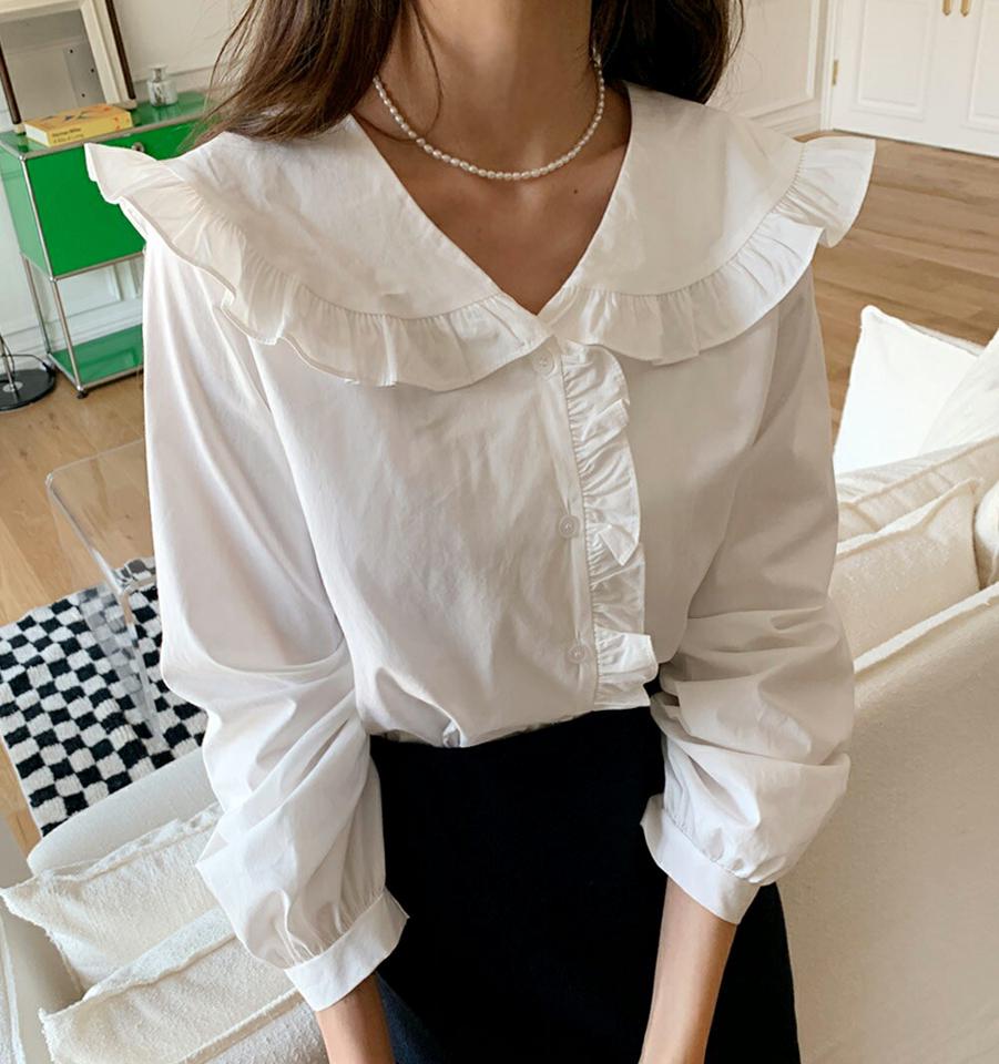 【今だけこの価格】フリルラウンドカラーブラウス・全3色・t00066 レディース 【bl】韓国ファッション トップス ブラウス 長袖 ラウンドカラー フリル ギャザー クロップド丈 襟コンシャス 無地 シンプル 大人 体型カバー カジュアル フェミニン 春 秋 冬 セール