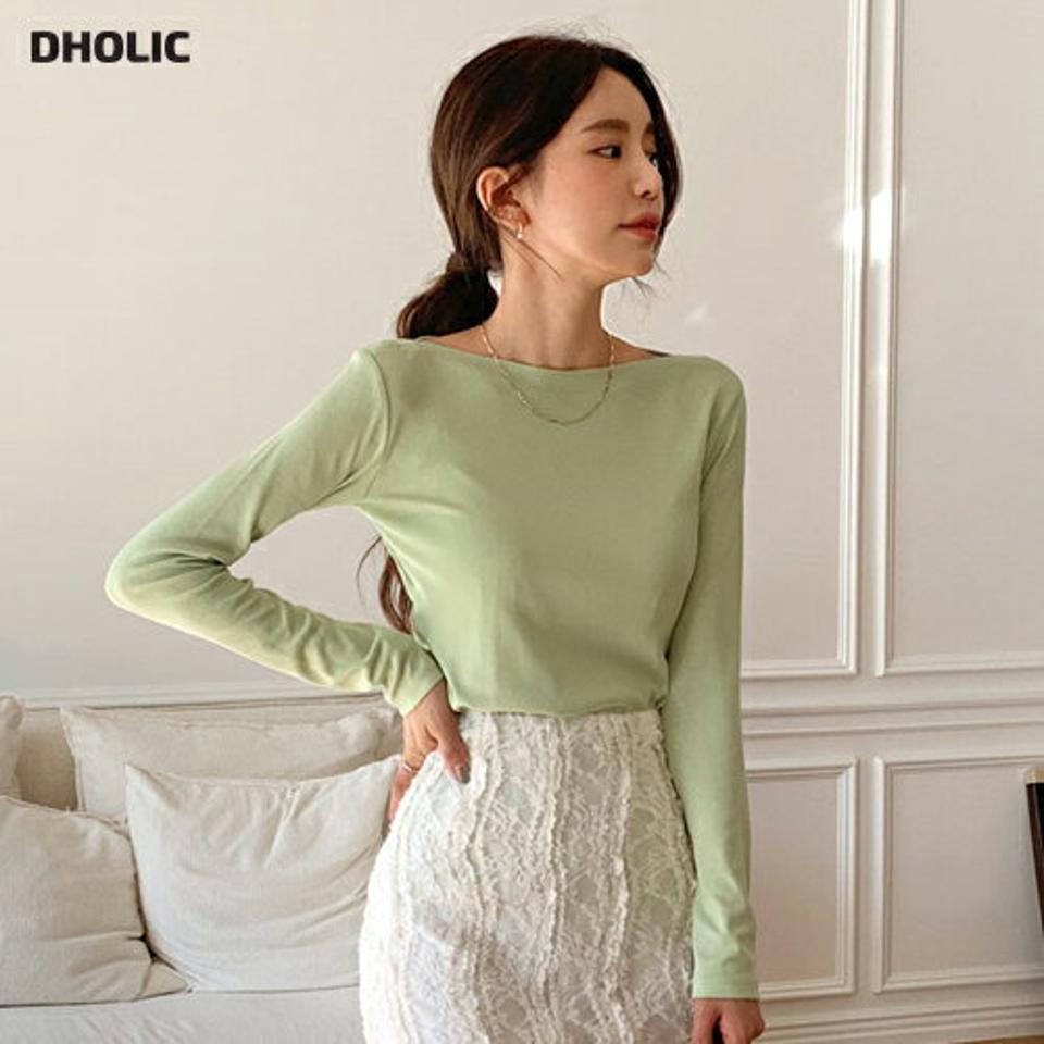 ボートネック長袖Tシャツ・全4色・t00069 レディース 【tops】韓国ファッション トップス Tシャツ 大人 長袖 ボートネック スリム 無地 ベーシック パステル シンプル 体型カバー 細身 フェミニン カジュアル 秋 冬