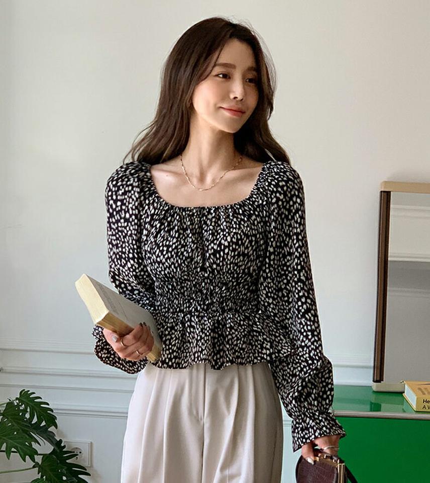 2WAYレオパードシャーリングブラウス・全2色・t00072 レディース 【bl】韓国ファッション トップス ブラウス 長袖 スクエアネック オフショル レオパード シャーリング クロップド丈 ラグラン シンプル 体型カバー カジュアル フェミニン 春 秋 冬