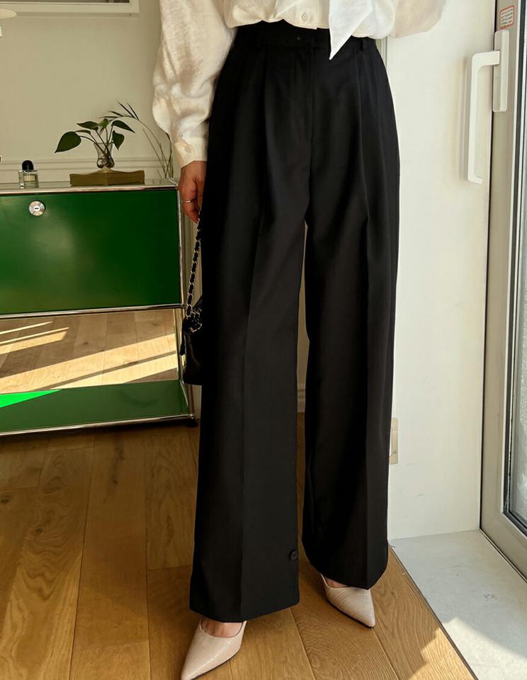 2WAYヘムワイドスラックス・全3色・t00080 レディース 【pt】韓国ファッション ボトムス ロング ロングパンツ スラックスパンツ スラックス シック ハイウエスト ストレート ツータック 無地 シンプル 体型カバー フェミニン 高級感 秋 冬