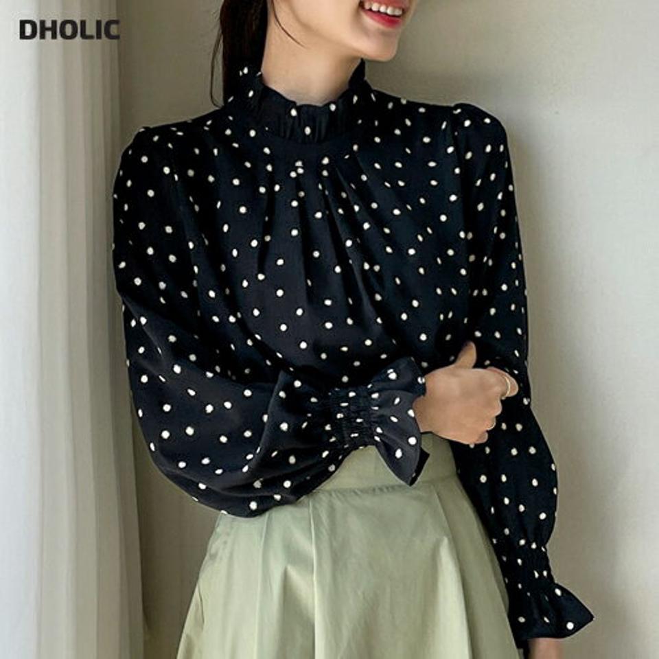ドットフリルネックブラウス・全4色・b71516 レディース 【bl】トップス ブラウス 長袖 ドット柄 フリルネック 襟コン かわいい 可愛い 大人 ハーフネック シャーリング タック 秋 冬 春 韓国ファッション ハイホリHIHOLLI