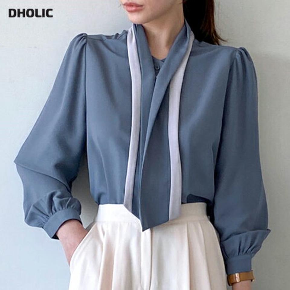 パール調ブローチ付タイブラウス・全3色・71518 レディース 【bl】トップス ブラウス 長袖 ブローチ パール 長袖 ボウタイ シンプル 大人 きれいめ オフィスカジュアル 襟コン 秋 冬 春 韓国ファッション ハイホリHIHOLLI