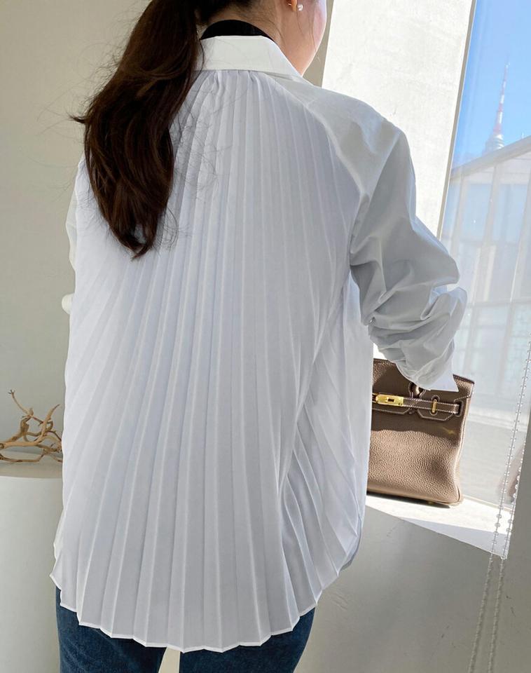 バックプリーツカラーブラウス・全2色・b71569 レディース 【bl】トップス ブラウス 長袖 白ブラウス プリーツ バックシャン シンプル 単色 かわいい 可愛い フェミニン ユニーク 大人 秋 冬 春 韓国ファッション ハイホリHIHOLLI