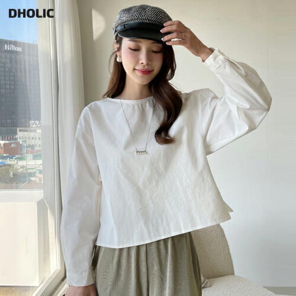 ボタンラウンドブラウス・全3色・t71529 レディース 【bl】トップス ブラウス 長袖 単色 無地 シンプル ベーシック 大人 カジュアル サイドスリット ラウンドネック 秋 冬 韓国ファッション ハイホリHIHOLLI