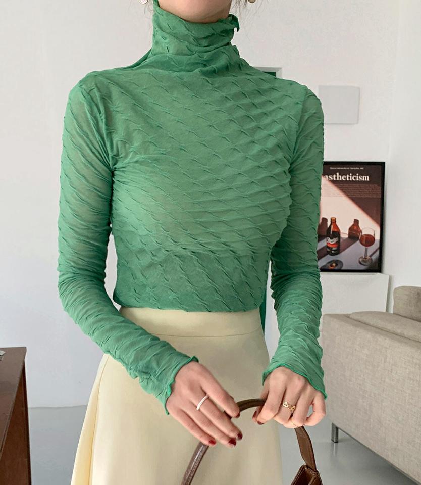 ツイストハイネックシアーブラウス・全4色・t66528 レディース 【bl】韓国ファッション トップス ブラウス 長袖 ハイネック ツイスト シアー メロウ フィンガーホール クロップド丈 シンプル 大人 体型カバー カジュアル フェミニン 春 秋 冬