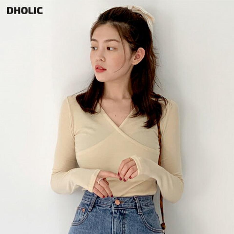 クロップドカシュクールTシャツ・全4色・t66531 レディース 【tops】韓国ファッション トップス Tシャツ 大人 長袖 Vネック クロップド丈 カシュクール スリム クロップド丈 シンプル 体型カバー 細身 フェミニン カジュアル 秋 冬