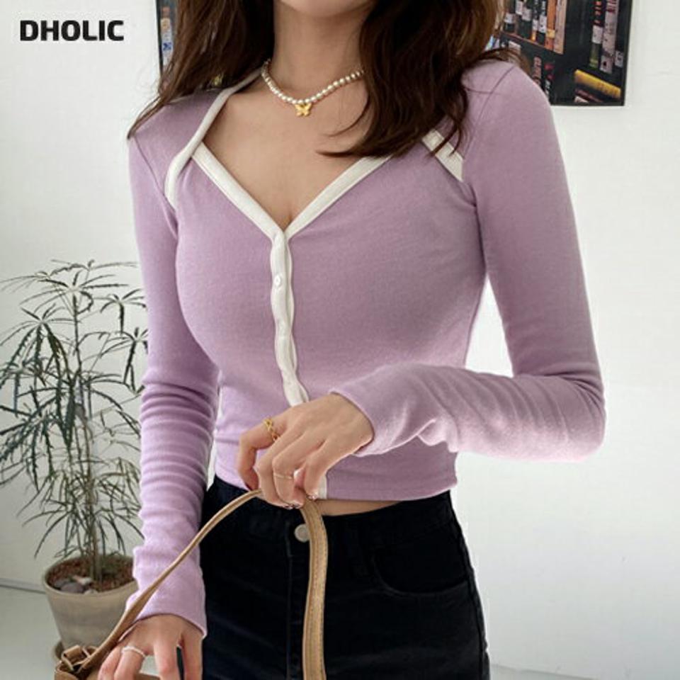 ダイヤネック配色ラインTシャツ・全3色・t66550 レディース 【tops】韓国ファッション トップス Tシャツ 大人 長袖 ダイヤネック 配色 ボタン クロップド丈 レイヤード風 シンプル 細身 フェミニン カジュアル 秋 冬