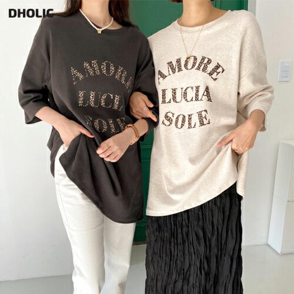 レオパードレタリング半袖Tシャツ・全3色・b66549 レディース 【tops】韓国ファッション トップス Tシャツ 大人 半袖 ラウンドネック レオパード レタリング スリット 英字 ロゴ シンプル 体型カバー 細身 フェミニン カジュアル 秋 冬