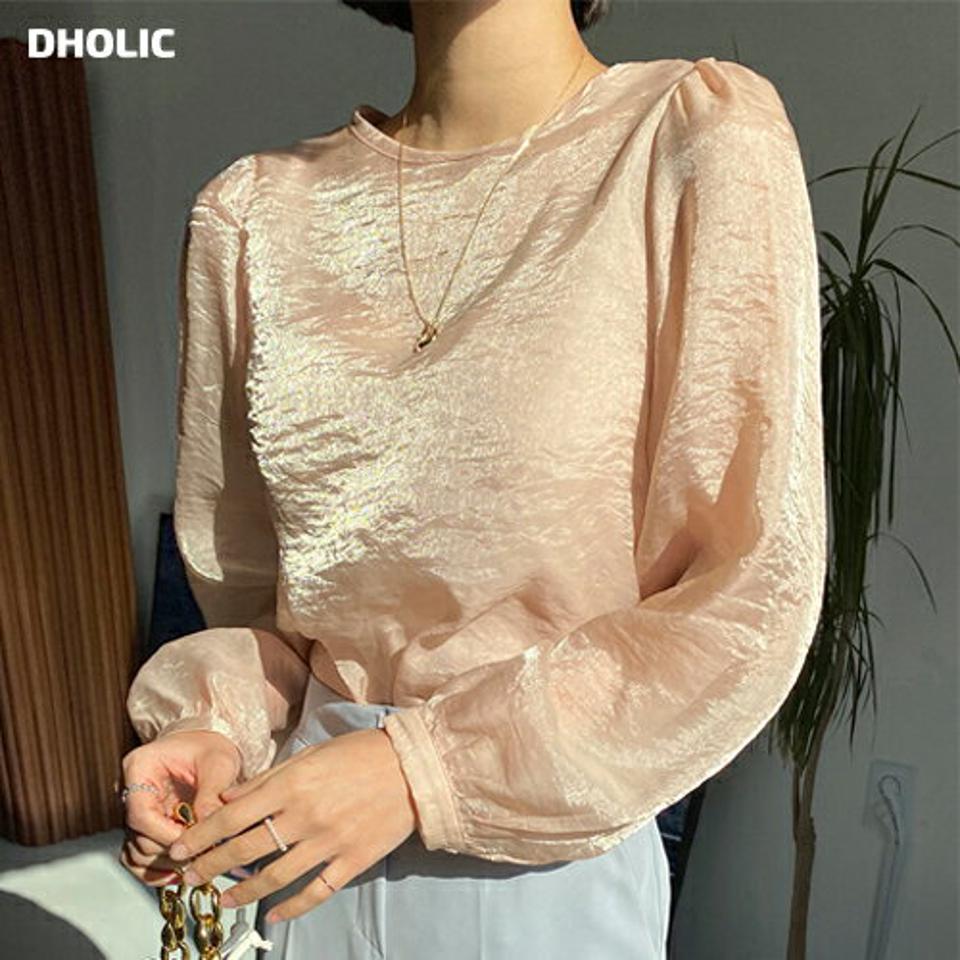 ラウンドシアーブラウス・全3色・t66551 レディース 【bl】韓国ファッション トップス ブラウス 長袖 ラウンドネック シアー 光沢 ボタン 無地 シンプル 大人 体型カバー カジュアル フェミニン 春 秋 冬