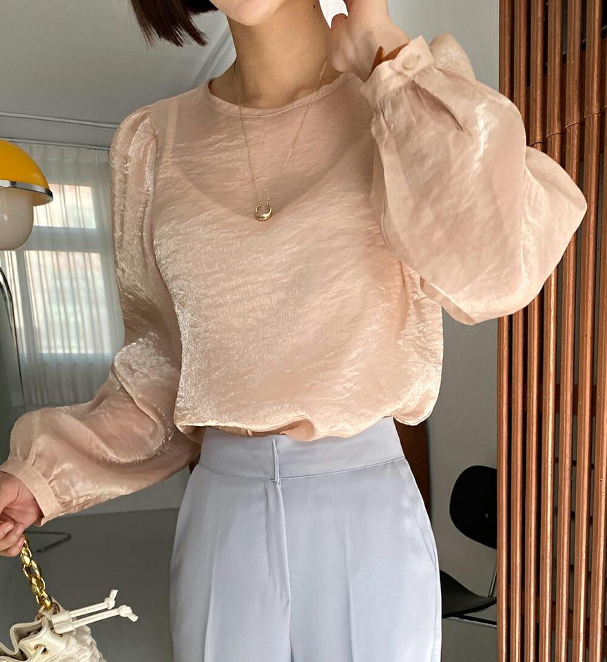 ラウンドシアーブラウス・全3色・t66551 レディース 【bl】韓国ファッション トップス ブラウス 長袖 ラウンドネック シアー 光沢 ボタン 無地 シンプル 大人 体型カバー カジュアル フェミニン 春 秋 冬