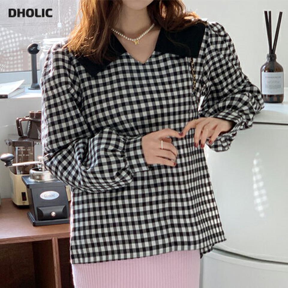 2TYPE配色ビッグカラーブラウス・全2色・t66546 レディース 【bl】韓国ファッション トップス ブラウス 長袖 Vネック 配色 襟コンシャス ビッグカラー ボタン チェック 無地 シンプル 大人 体型カバー カジュアル フェミニン 春 秋 冬