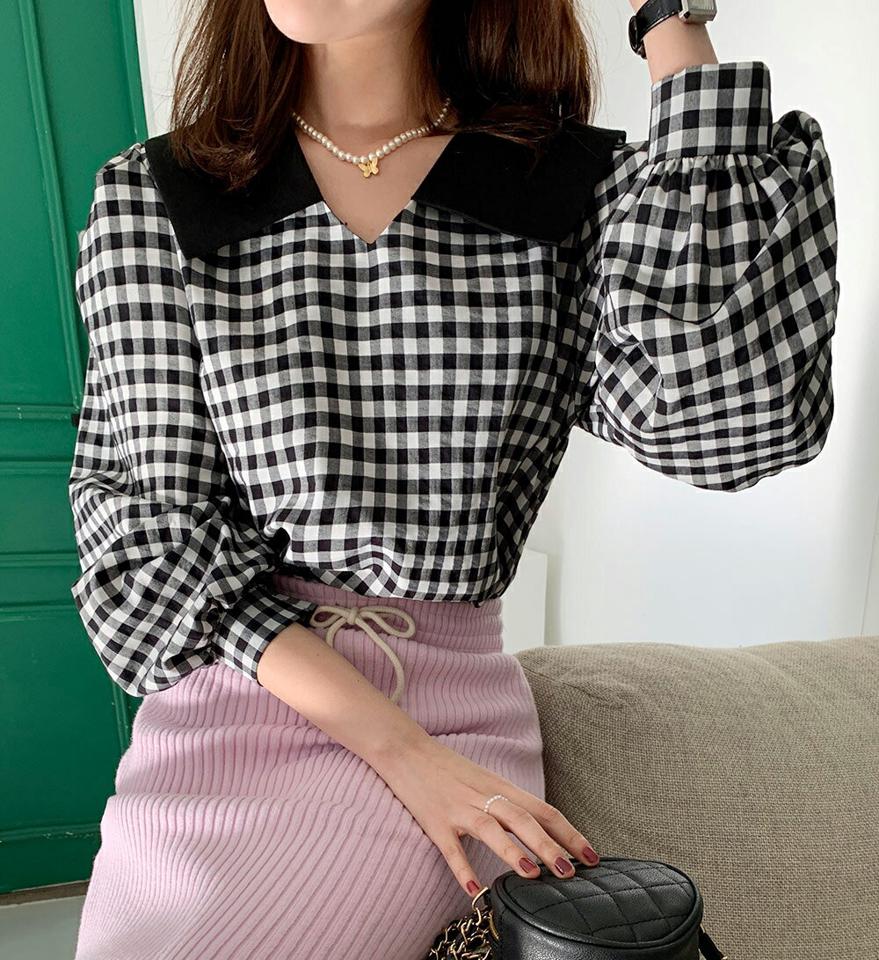 2TYPE配色ビッグカラーブラウス・全2色・t66546 レディース 【bl】韓国ファッション トップス ブラウス 長袖 Vネック 配色 襟コンシャス ビッグカラー ボタン チェック 無地 シンプル 大人 体型カバー カジュアル フェミニン 春 秋 冬
