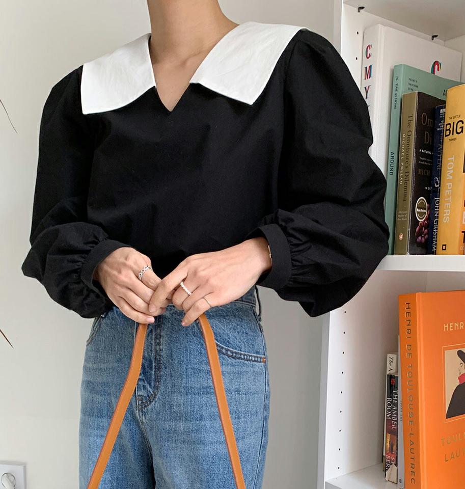 2TYPE配色ビッグカラーブラウス・全2色・t66546 レディース 【bl】韓国ファッション トップス ブラウス 長袖 Vネック 配色 襟コンシャス ビッグカラー ボタン チェック 無地 シンプル 大人 体型カバー カジュアル フェミニン 春 秋 冬