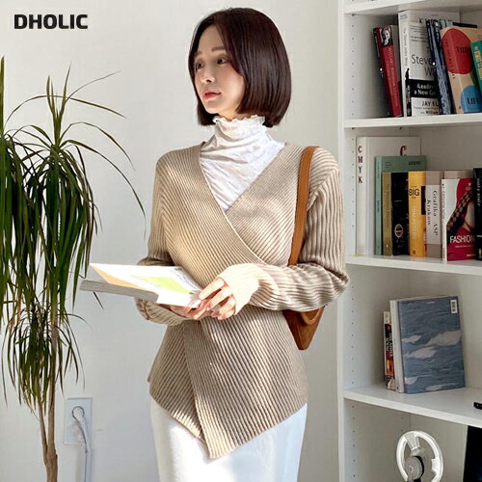 【只今10%OFF】リブクロスニット・全4色・t66532 レディース 【tops】韓国ファッション トップス ニット 大人 長袖 Vネック アンバランス丈 リブ スリム クロス 異素材 シンプル 体型カバー フェミニン カジュアル 秋 冬【ニットセール】