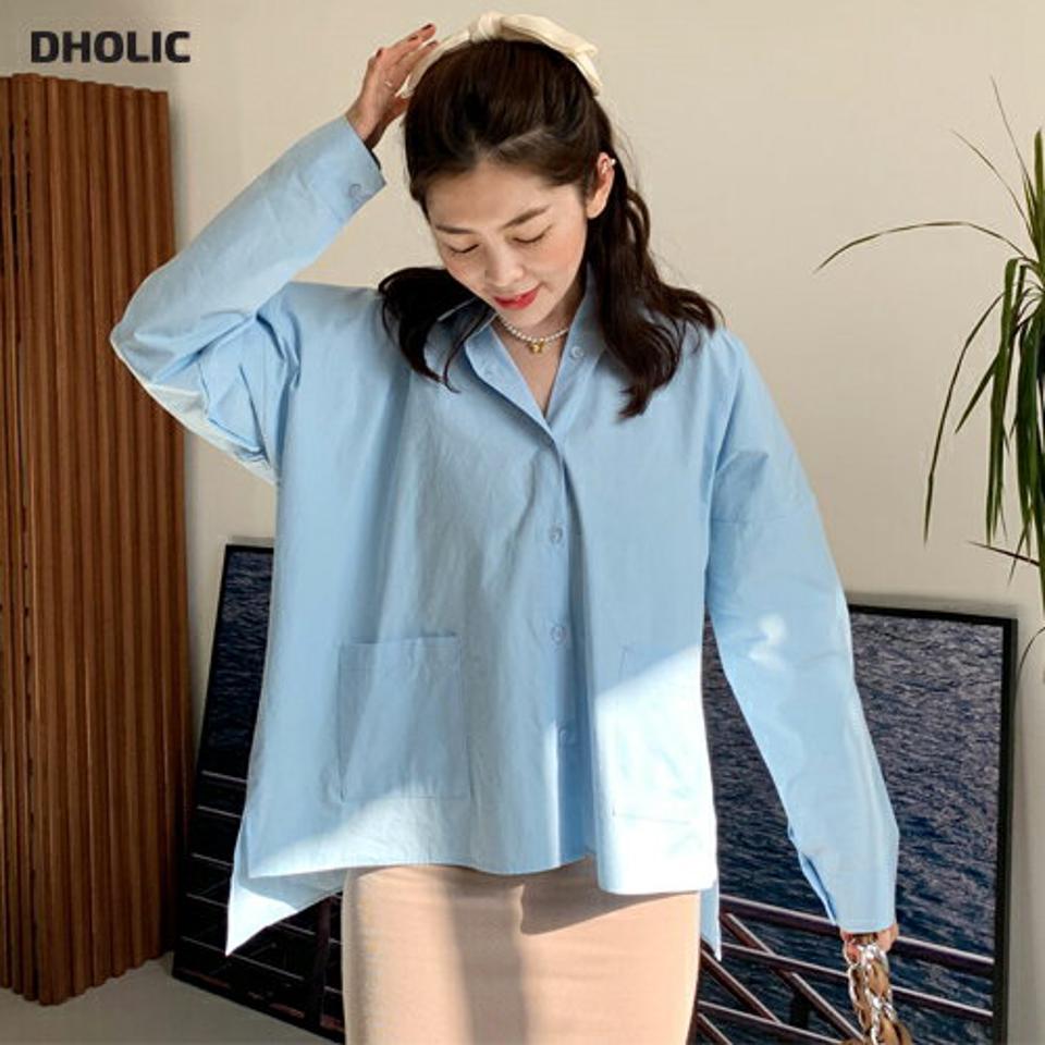 バックスリットポケットシャツ・全3色・t66542 レディース 【bl】韓国ファッション トップス シャツ 長袖 カラーネック スリット アンバランス丈 ポケット 無地 シンプル カジュアル フェミニン ルーズ パステル 水色 体型カバー ガーリー 春 秋 冬