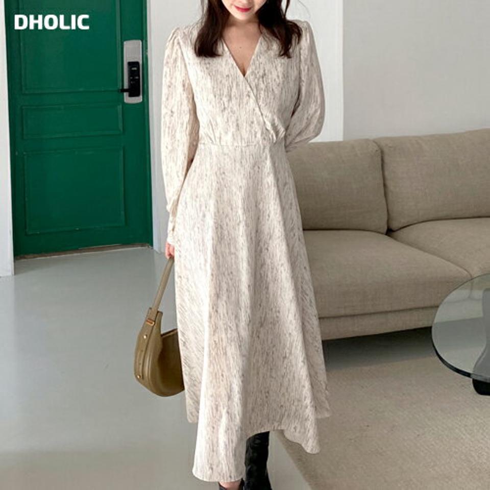 パターンカシュクールリボンワンピース・全3色・t66533 レディース 【ops】韓国ファッション ワンピース ロング ロングワンピース 長袖 Vネック パターン カシュクール リボン ユニーク フレア スリム ロング丈 シンプル 体型カバー カジュアル 秋 冬