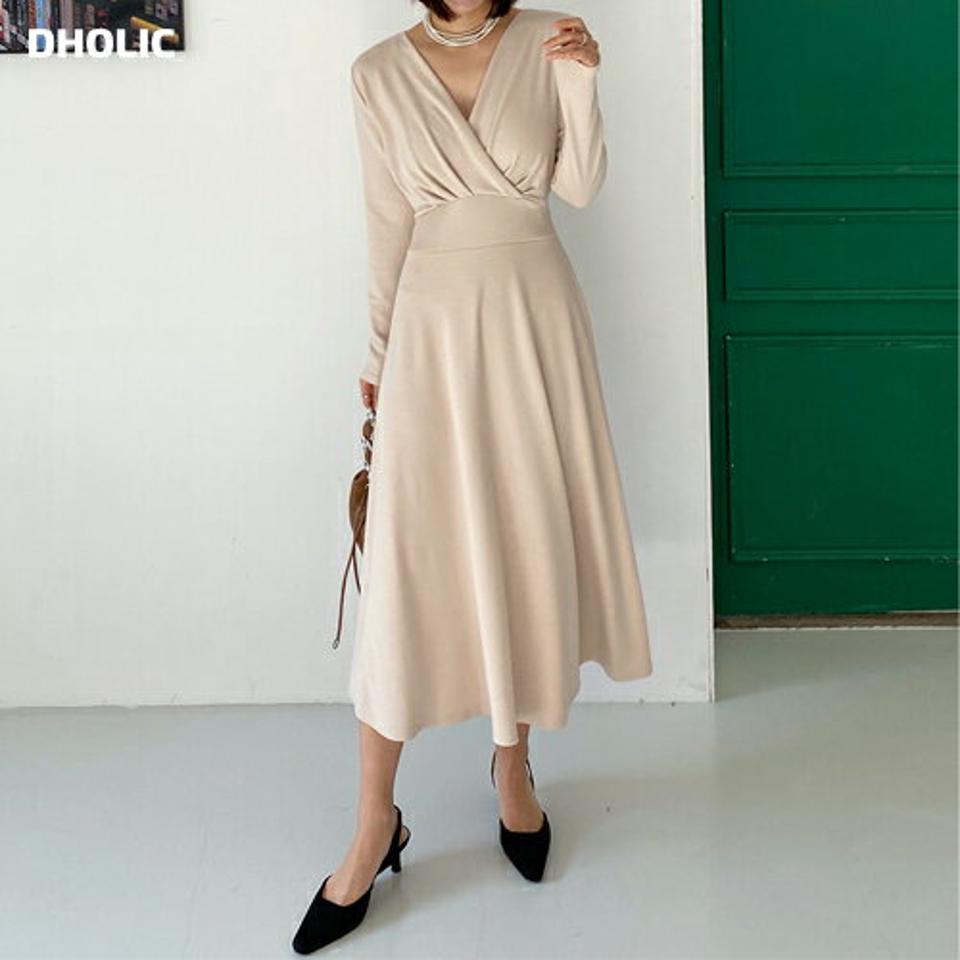 タックカシュクールワンピース・全4色・b66534 レディース 【ops】韓国ファッション ワンピース ロングワンピース 長袖 ハートネック リボン タック フレア ギャザー カシュクール ロング丈 Aライン 無地 シンプル カジュアル 秋 冬