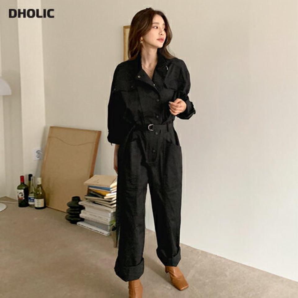 【送料無料】ベルト付ワイドオールインワン・全2色・t65285 レディース 【pt】韓国ファッション オールインワン パンツ ロング丈 長袖 ベルト付 ワイド ハイネック カラーネック ポケット ゆったり ルーズパンツ 体型カバー カジュアル 秋 冬