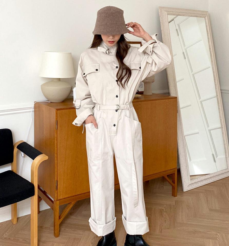 【送料無料】ベルト付ワイドオールインワン・全2色・t65285 レディース 【pt】韓国ファッション オールインワン パンツ ロング丈 長袖 ベルト付 ワイド ハイネック カラーネック ポケット ゆったり ルーズパンツ 体型カバー カジュアル 秋 冬