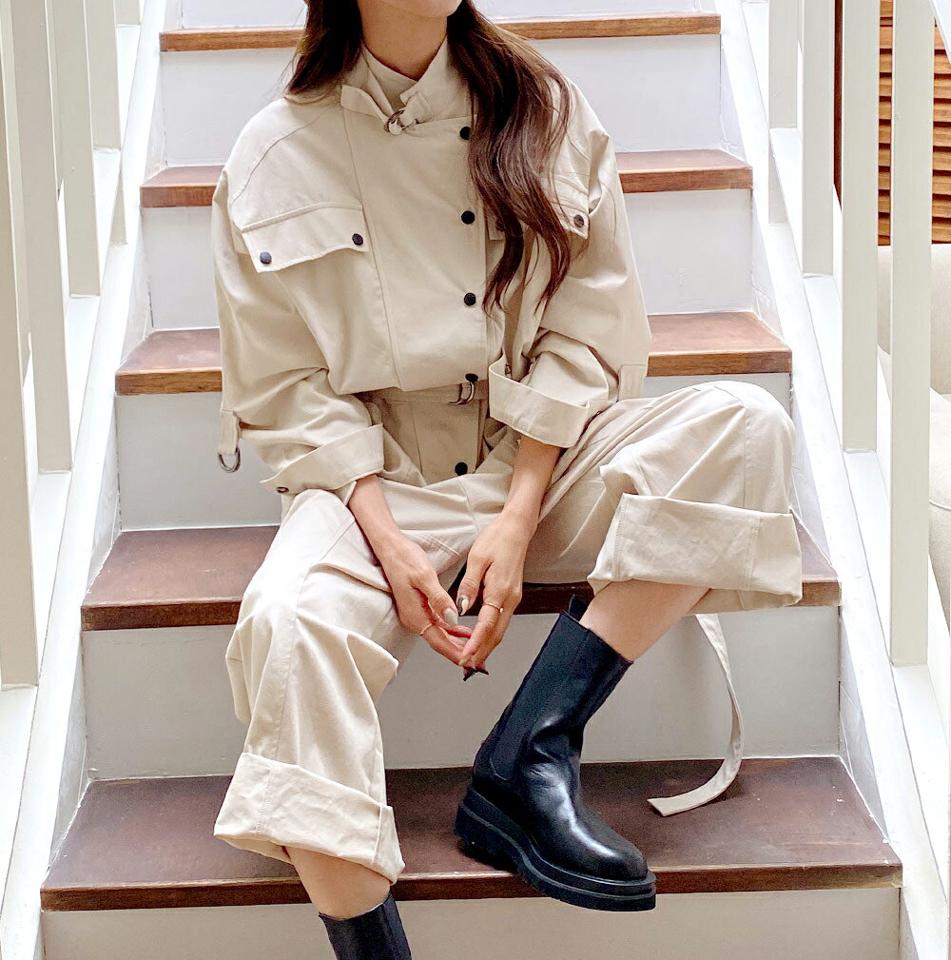 【送料無料】ベルト付ワイドオールインワン・全2色・t65285 レディース 【pt】韓国ファッション オールインワン パンツ ロング丈 長袖 ベルト付 ワイド ハイネック カラーネック ポケット ゆったり ルーズパンツ 体型カバー カジュアル 秋 冬