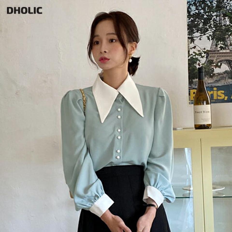 ≪人気商品再入荷≫くるみボタン配色カラーブラウス・全3色・b63251 レディース 【bl】韓国ファッション トップス ブラウス 長袖 カラーネック ビッグカラー パフ くるみボタン 配色 水色 シンプル 大人 カジュアル フェミニン 春 秋 冬