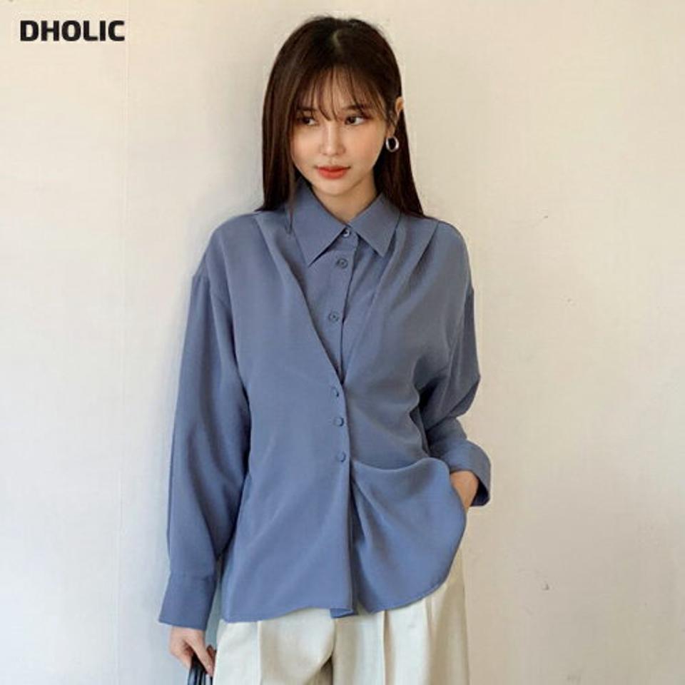 ダブルボタンカラーブラウス・全3色・t00004 レディース 【bl】韓国ファッション トップス ブラウス 長袖 カラーネック ダブルボタン カフス ボタン 単色 無地 シンプル 大人 体型カバー カジュアル フェミニン 春 秋 冬