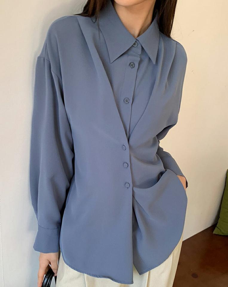 ダブルボタンカラーブラウス・全3色・t00004 レディース 【bl】韓国ファッション トップス ブラウス 長袖 カラーネック ダブルボタン カフス ボタン 単色 無地 シンプル 大人 体型カバー カジュアル フェミニン 春 秋 冬