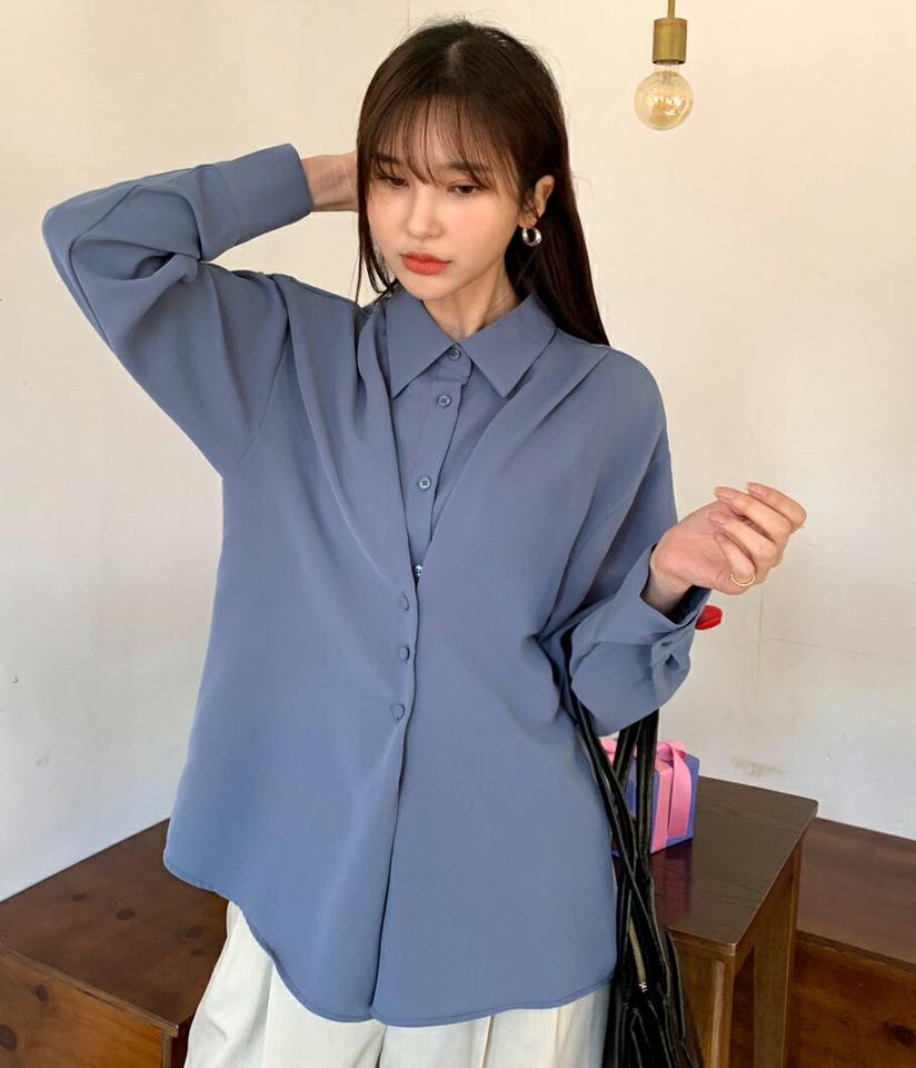 ダブルボタンカラーブラウス・全3色・t00004 レディース 【bl】韓国ファッション トップス ブラウス 長袖 カラーネック ダブルボタン カフス ボタン 単色 無地 シンプル 大人 体型カバー カジュアル フェミニン 春 秋 冬