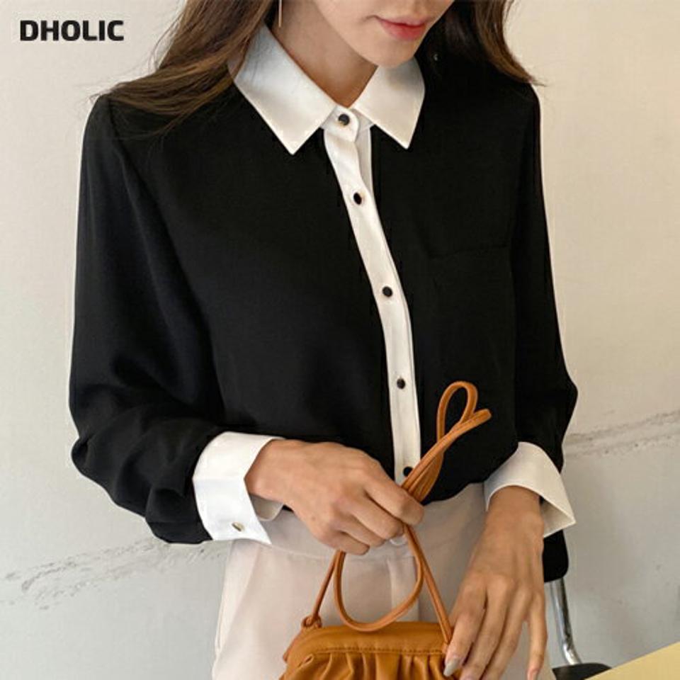コントラストカラーブラウス・全4色・t63252 レディース 【bl】韓国ファッション トップス ブラウス 長袖 カラーネック コントラスト 配色 ボタン ポケット シンプル 大人 体型カバー カジュアル フェミニン 春 秋 冬