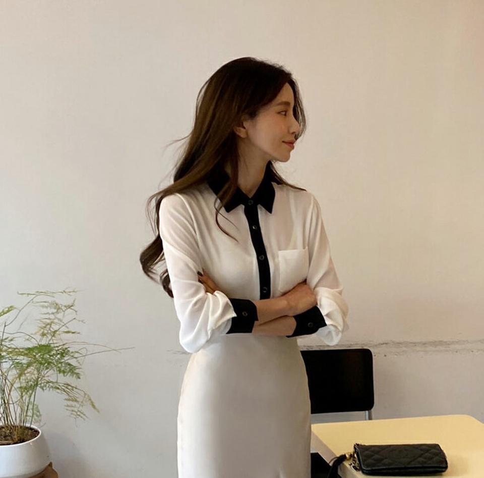 コントラストカラーブラウス・全4色・t63252 レディース 【bl】韓国ファッション トップス ブラウス 長袖 カラーネック コントラスト 配色 ボタン ポケット シンプル 大人 体型カバー カジュアル フェミニン 春 秋 冬