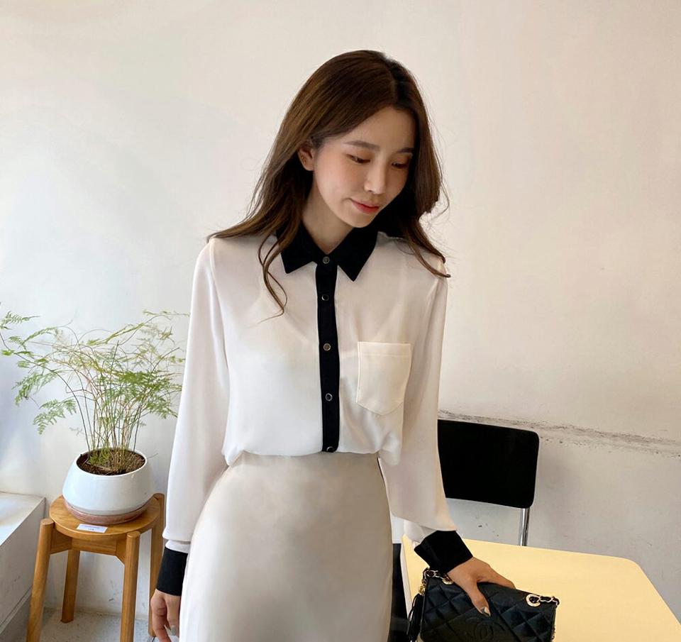 コントラストカラーブラウス・全4色・t63252 レディース 【bl】韓国ファッション トップス ブラウス 長袖 カラーネック コントラスト 配色 ボタン ポケット シンプル 大人 体型カバー カジュアル フェミニン 春 秋 冬