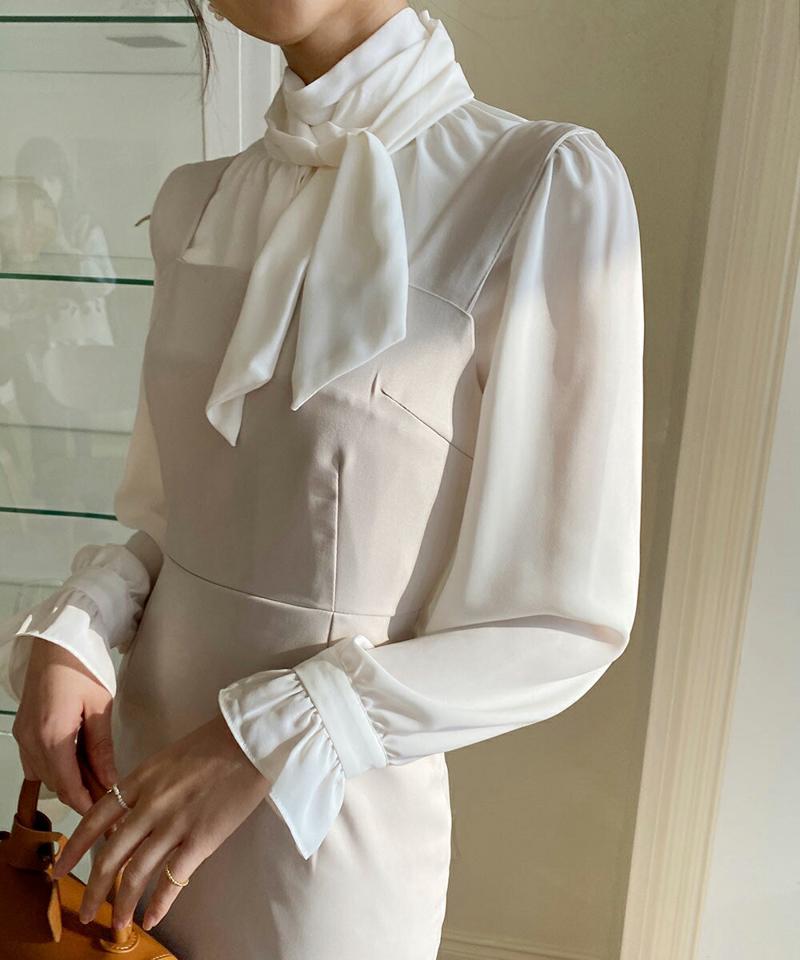 ネックリボンフリルブラウス・全4色・t00005 レディース 【bl】韓国ファッション トップス ブラウス 長袖 ハイネック ネックリボン フリル シフォン シンプル 大人 ルーズ カジュアル フェミニン 春 秋 冬
