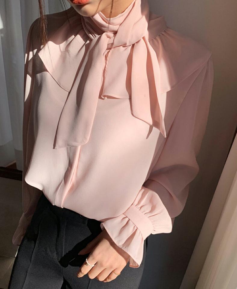 ネックリボンフリルブラウス・全4色・t00005 レディース 【bl】韓国ファッション トップス ブラウス 長袖 ハイネック ネックリボン フリル シフォン シンプル 大人 ルーズ カジュアル フェミニン 春 秋 冬