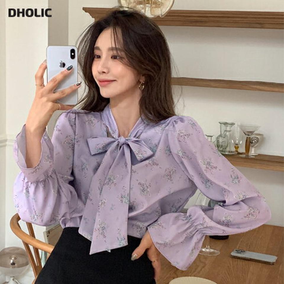 サテンフラワータイブラウス・全3色・t65258 レディース 【bl】韓国ファッション トップス ブラウス 長袖 Vネック サテン 花柄 フローラル フラワー タイ パフスリーブ シンプル 大人 体型カバー カジュアル フェミニン 春 秋 冬