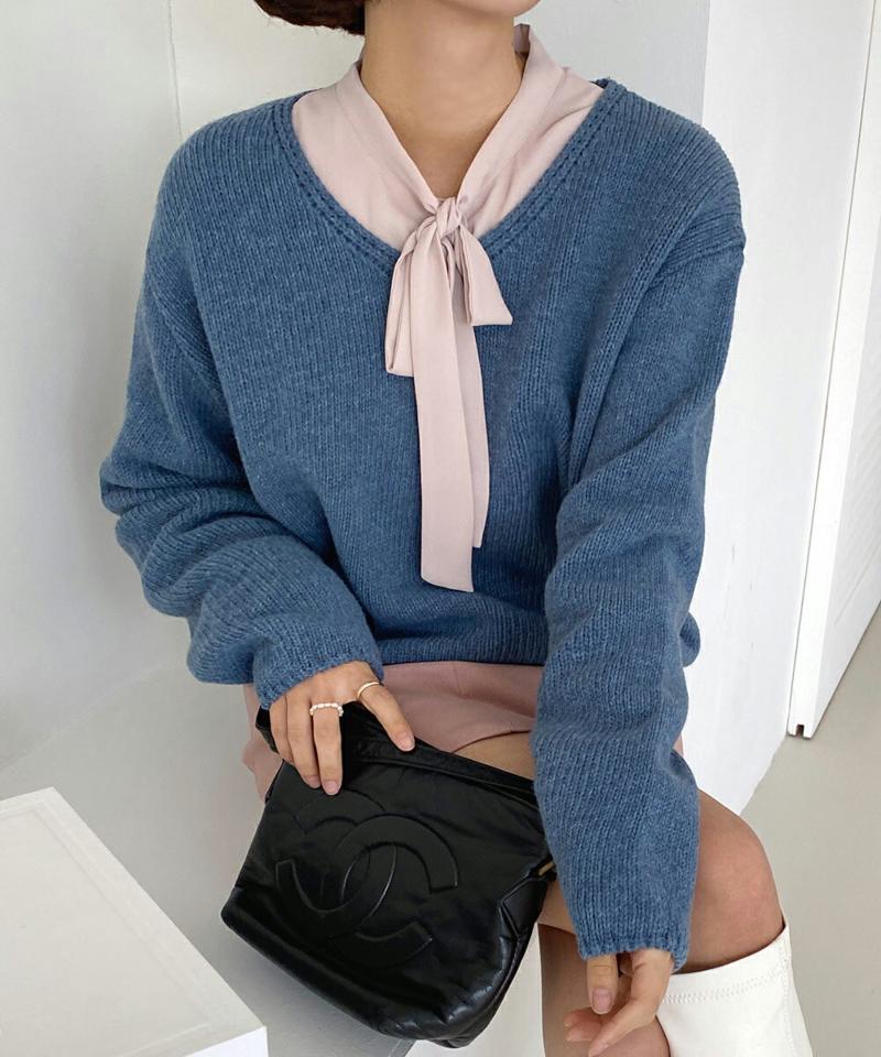 ウール混Vネックメランジニット・全5色・t66100 レディース 【tops】韓国ファッション トップス ニット 大人 長袖 Vネック ウール混 メランジ 保温性 オーバーサイズ 無地 シンプル 体型カバー フェミニン カジュアル 秋 冬