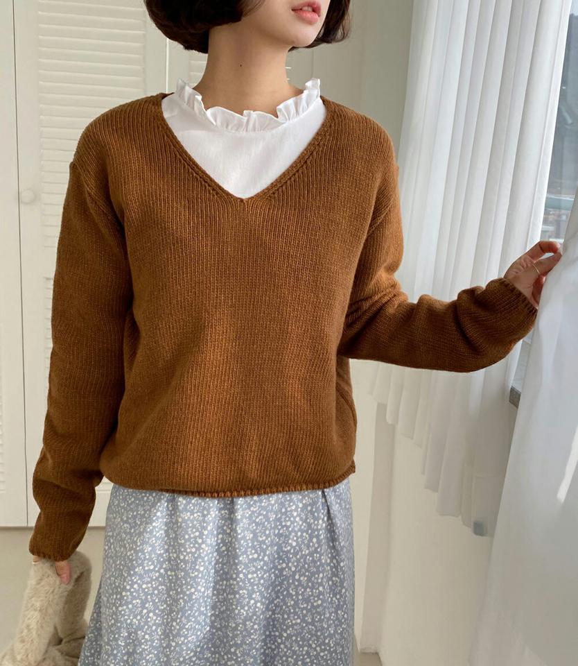 ウール混Vネックメランジニット・全5色・t66100 レディース 【tops】韓国ファッション トップス ニット 大人 長袖 Vネック ウール混 メランジ 保温性 オーバーサイズ 無地 シンプル 体型カバー フェミニン カジュアル 秋 冬