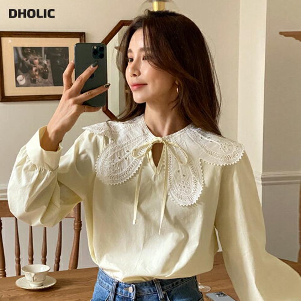 レースカラーリボンブラウス・全3色・t65289 レディース 【bl】韓国ファッション トップス ブラウス 長袖 スリットネック パフスリーブ レースカラー リボン スカラップ フラワー シンプル 大人 体型カバー カジュアル フェミニン 春 秋 冬