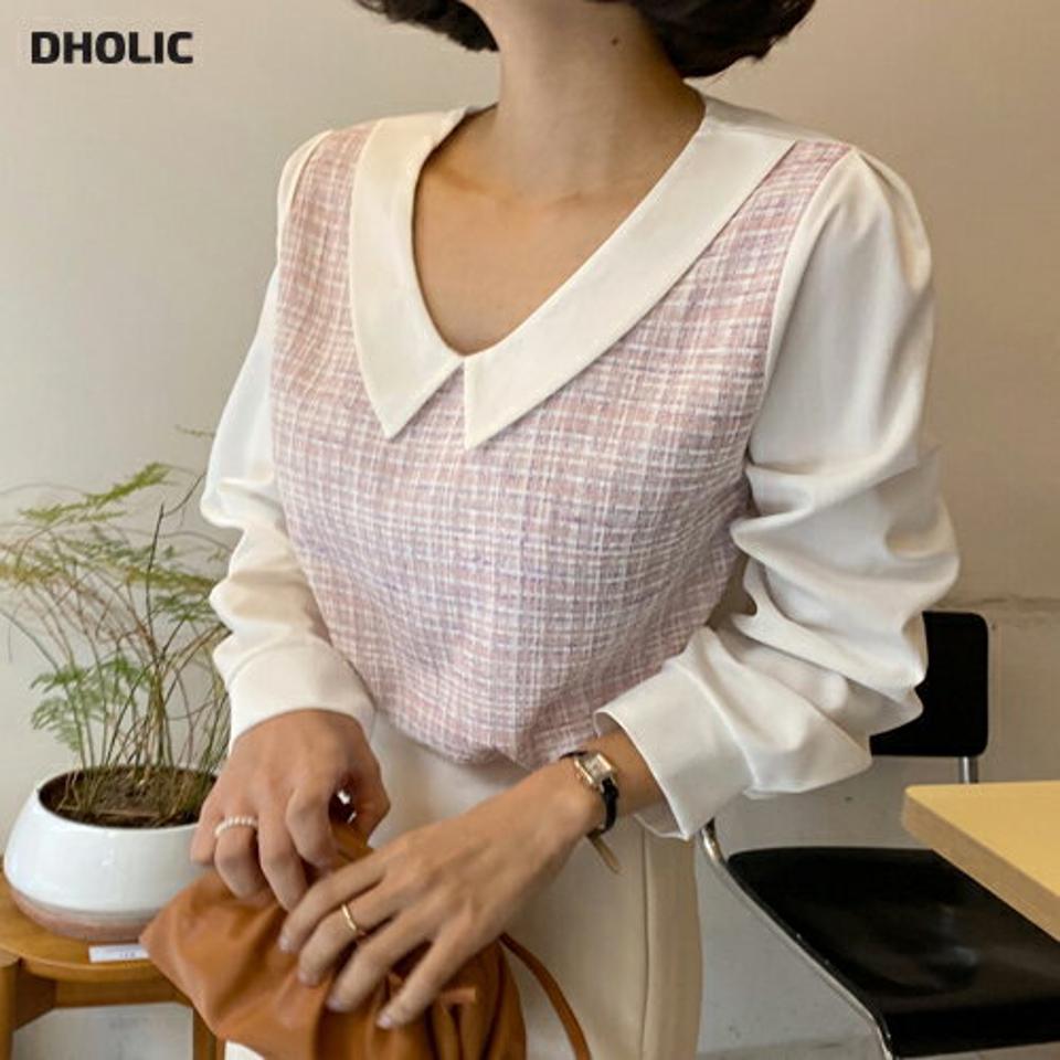 ツイードカラーブラウス・全3色・t63222 レディース 【bl】韓国ファッション トップス ブラウス 長袖 カラーネック ツイード ラウンドカット パステル ピンク シンプル 大人 体型カバー カジュアル フェミニン 春 秋 冬