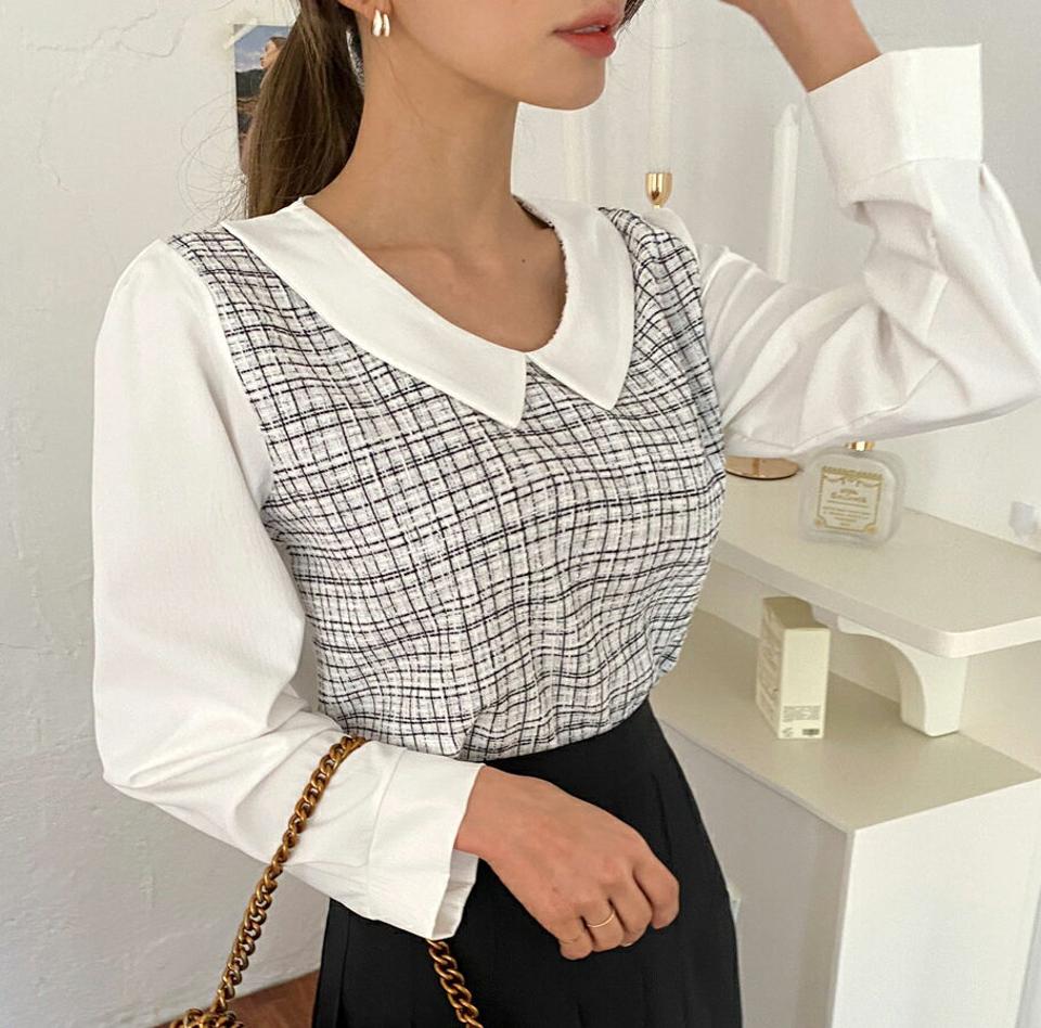 ツイードカラーブラウス・全3色・t63222 レディース 【bl】韓国ファッション トップス ブラウス 長袖 カラーネック ツイード ラウンドカット パステル ピンク シンプル 大人 体型カバー カジュアル フェミニン 春 秋 冬