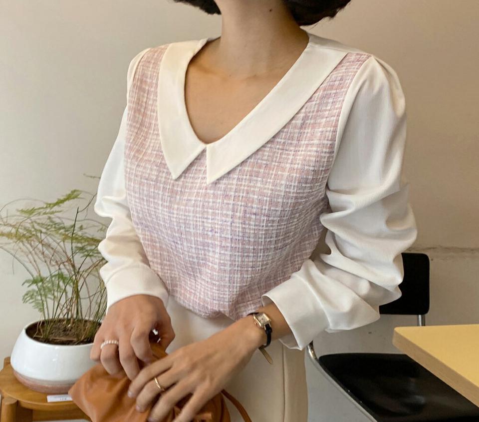 ツイードカラーブラウス・全3色・t63222 レディース 【bl】韓国ファッション トップス ブラウス 長袖 カラーネック ツイード ラウンドカット パステル ピンク シンプル 大人 体型カバー カジュアル フェミニン 春 秋 冬