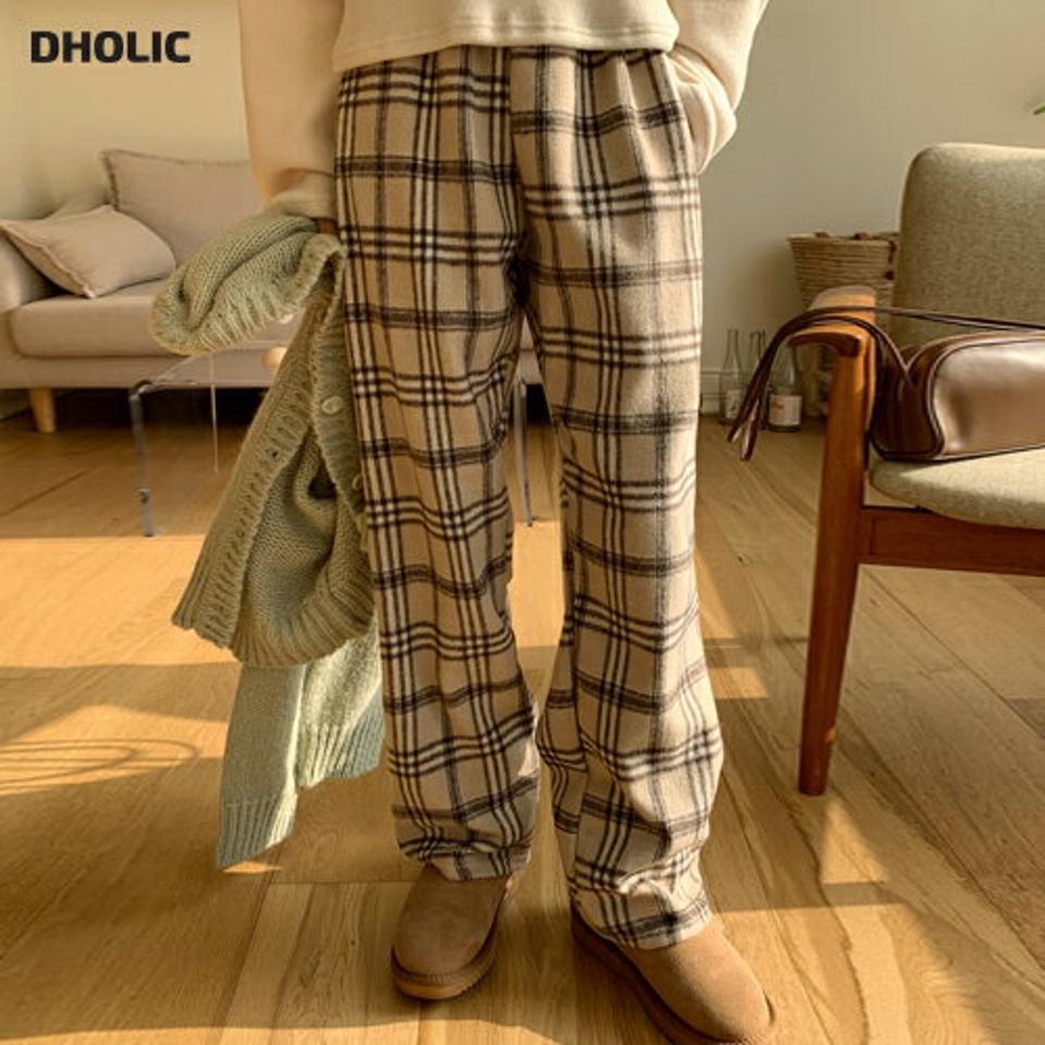 チェックワイドパンツ・全2色・e66266 レディース 【pt】韓国ファッション ボトムス ロング ロングパンツ チェック柄 ワイドパンツ ウエストゴム ポケット 体型カバー ストレート シンプル スクールガール カラーパンツ 骨格ナチュラル カジュアル 秋 冬
