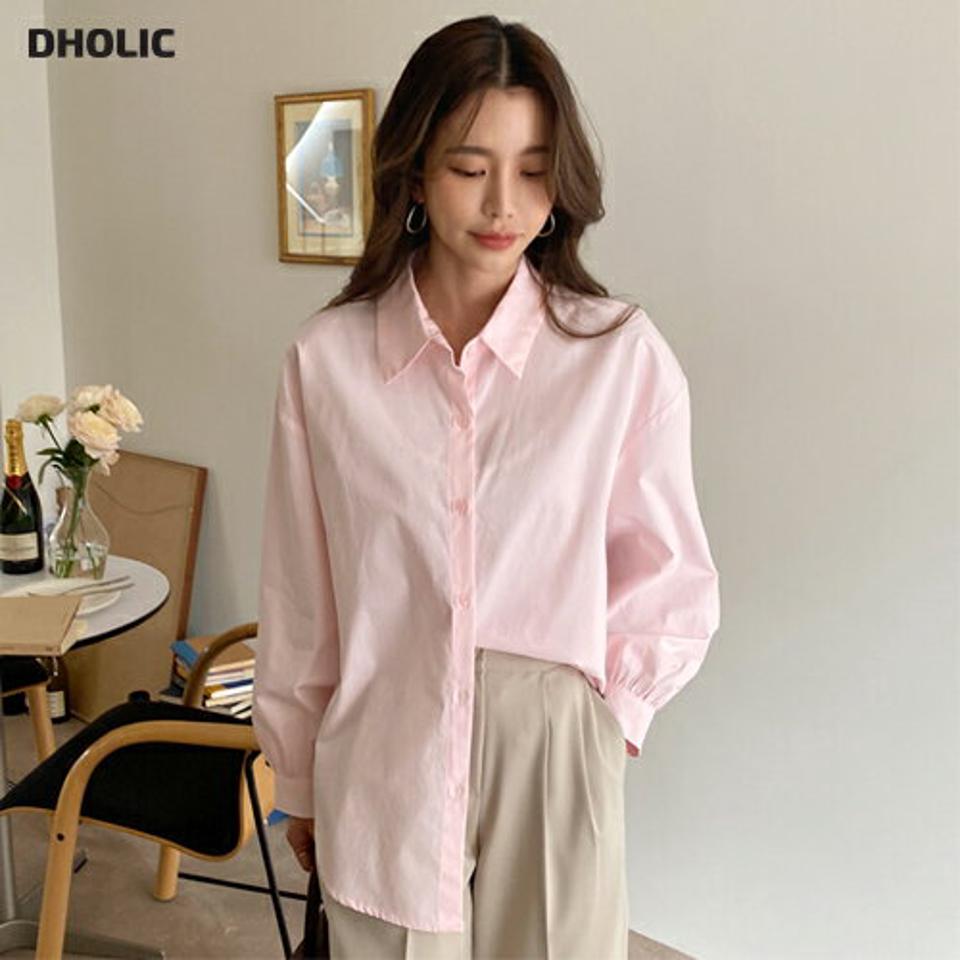 ラウンドヘムパフスリーブシャツ・全5色・t65260 レディース 【bl】韓国ファッション トップス シャツ 長袖 カラーネック ラウンドヘム パフスリーブ パステル ボタン スリット 無地 シンプル カジュアル フェミニン ルーズ ガーリー 春 秋 冬