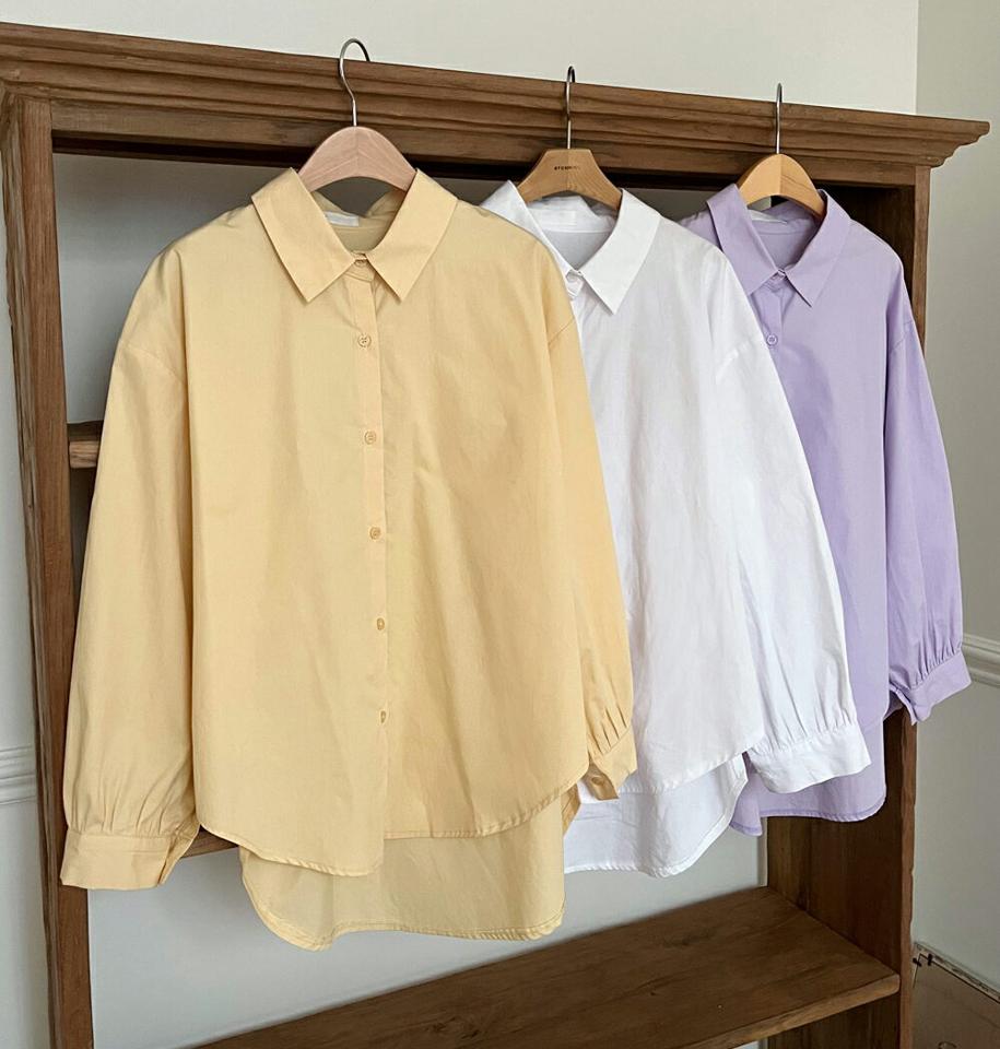 ラウンドヘムパフスリーブシャツ・全5色・t65260 レディース 【bl】韓国ファッション トップス シャツ 長袖 カラーネック ラウンドヘム パフスリーブ パステル ボタン スリット 無地 シンプル カジュアル フェミニン ルーズ ガーリー 春 秋 冬