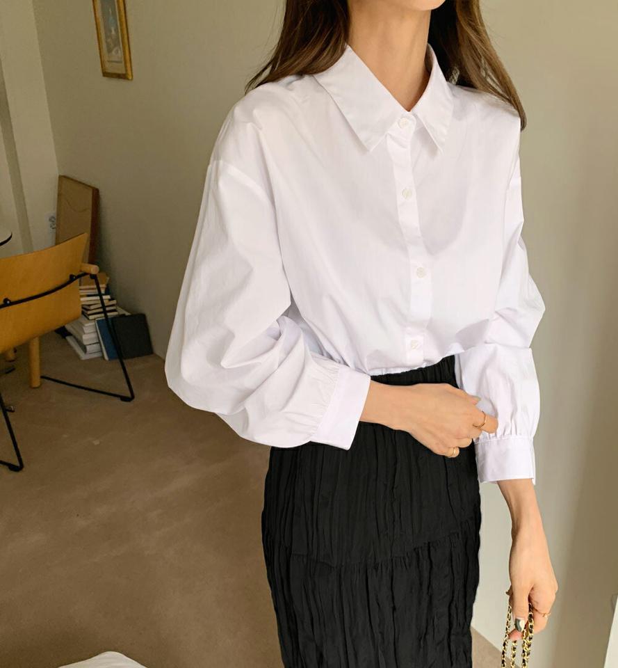 ラウンドヘムパフスリーブシャツ・全5色・t65260 レディース 【bl】韓国ファッション トップス シャツ 長袖 カラーネック ラウンドヘム パフスリーブ パステル ボタン スリット 無地 シンプル カジュアル フェミニン ルーズ ガーリー 春 秋 冬