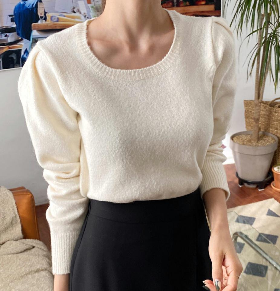 Uネックパフニット・全4色・t63250 レディース 【tops】韓国ファッション トップス ニット 大人 長袖 Uネック パフスリーブ カラーニット パステル 無地 シンプル フェミニン カジュアル 秋 冬