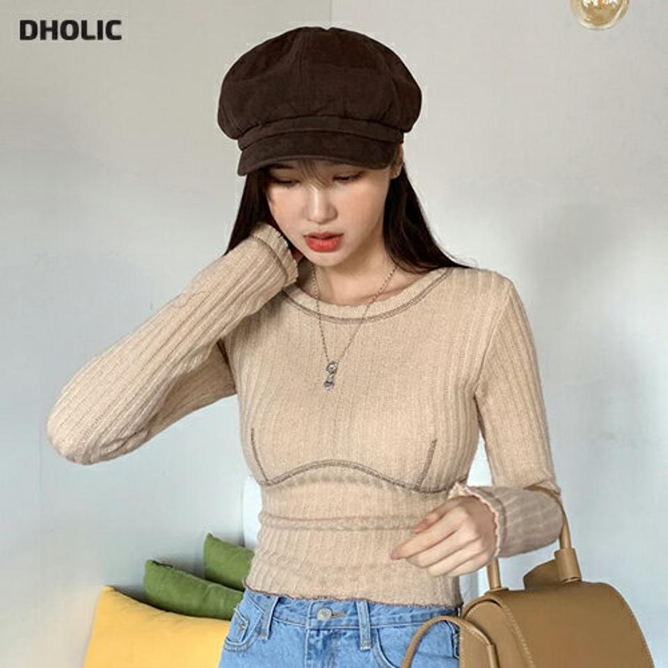 起毛ステッチリブクロップドTシャツ・全3色・t00001 レディース 【tops】韓国ファッション トップス Tシャツ 大人 長袖 ラウンドネック 起毛 ステッチ リブ クロップド丈 シンプル 体型カバー 細身 フェミニン カジュアル 秋 冬