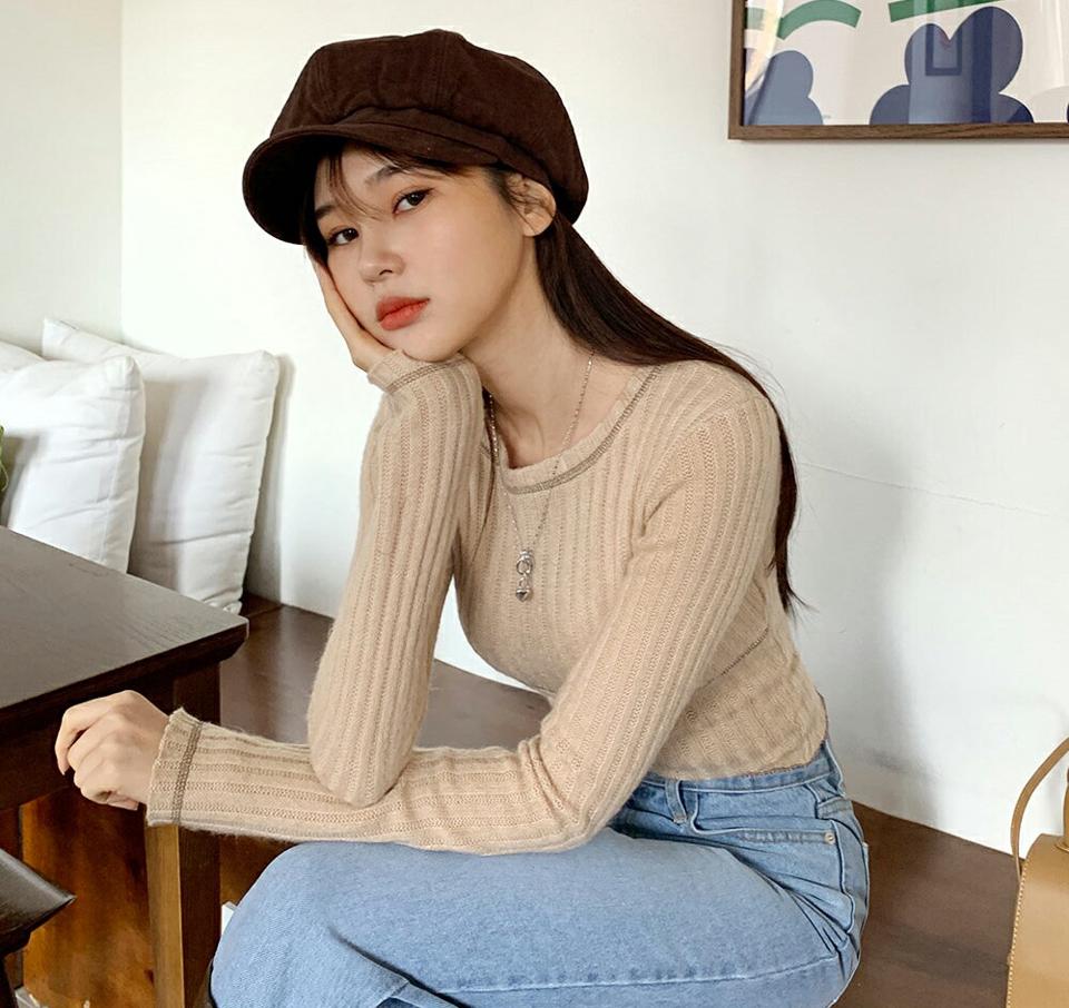 起毛ステッチリブクロップドTシャツ・全3色・t00001 レディース 【tops】韓国ファッション トップス Tシャツ 大人 長袖 ラウンドネック 起毛 ステッチ リブ クロップド丈 シンプル 体型カバー 細身 フェミニン カジュアル 秋 冬